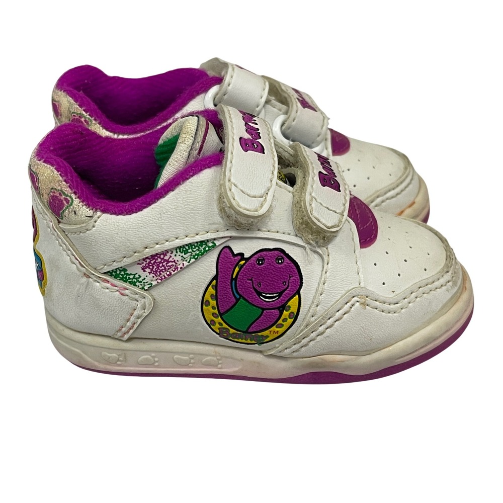 Barney Sneakers Size 3 White Leather Purple Dinosaur Vintage 90s Retro Hook Loop